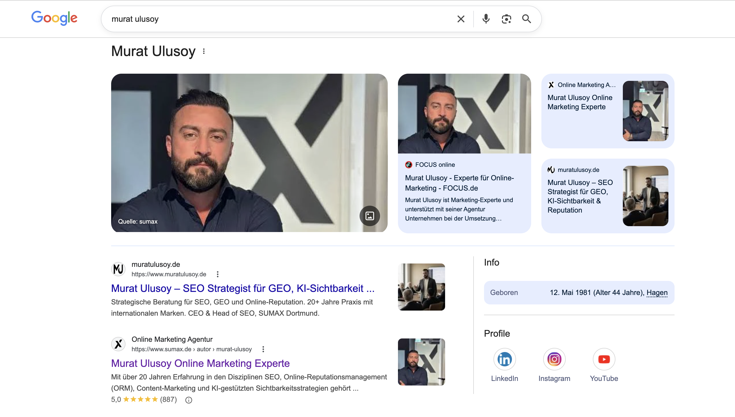 Google Knowledge Panel für Murat Ulusoy mit Hauptfoto, FOCUS-online-Zitation, Profil-Box muratulusoy.de, Geburtsdatum 12. Mai 1981 Hagen, LinkedIn/Instagram/YouTube-Profile